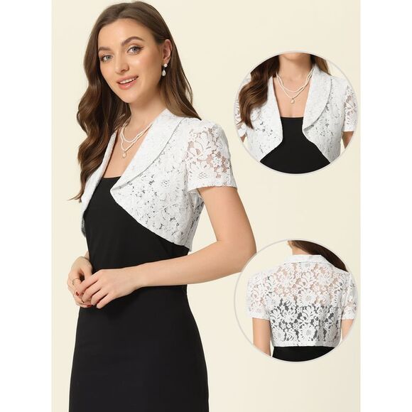 Floral Lace Shrug Work Crop Cardigan Wedding Guest Elegant Bolero White - Picture 2 of 6